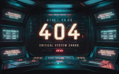 Sci-fi ilustracija greške 404 s natpisom Critical System Error na futurističkom kontrolnom panelu