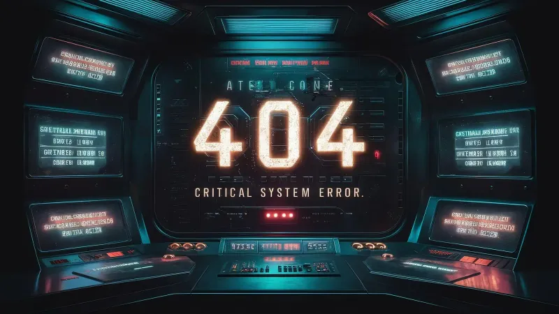 Sci-fi ilustracija greške 404 s natpisom Critical System Error na futurističkom kontrolnom panelu