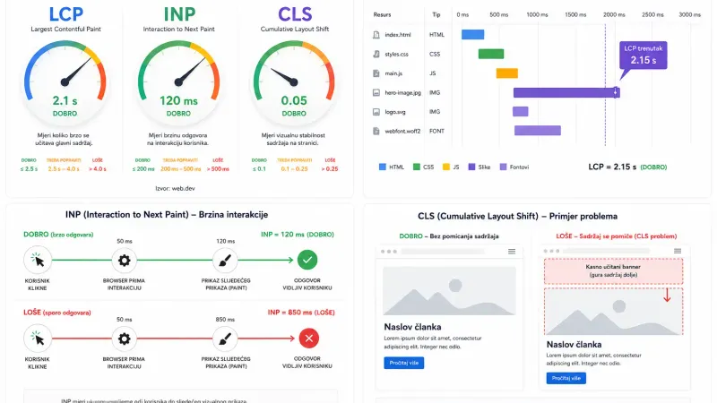 PageSpeed Insights izvještaj koji prikazuje zelene bodove za LCP, INP i CLS metriku