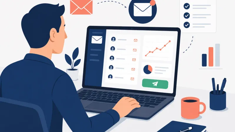 Laptop s otvorenim email sučeljem okružen ikonama omotnica, grafikonima otvorenih poruka i checklistom pretplatnika koji simboliziraju email marketing strategiju za male tvrtke