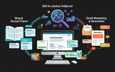 Središnja web stranica povezuje blog sadržaj, SEO vidljivost i email marketing kako bi korisnike vodila prema upitu, rezervaciji ili narudžbi.
