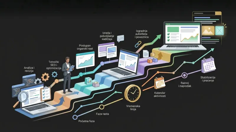 Ilustracija SEO vremenskog okvira s web stranicom, analizom, tehničkom optimizacijom, sadržajem, grafikom organskog rasta i postupnim napretkom prema boljim pozicijama u rezultatima pretraživanja