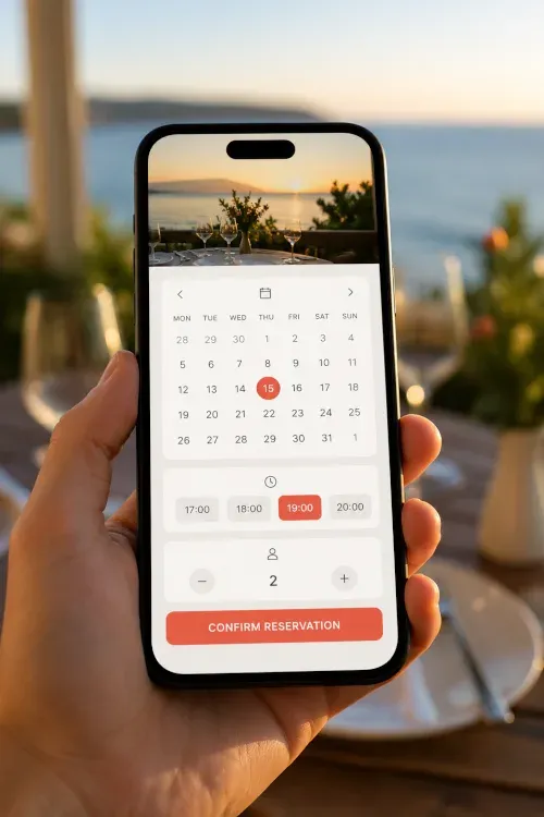 Web stranica za restorane - rezervacijski widget Prikaz mobilnog zaslona s otvorenim rezervacijskim widgetom restorana - odabir datuma, vremena i broja gostiju, s jasnim "Potvrdi rezervaciju" gumbom.