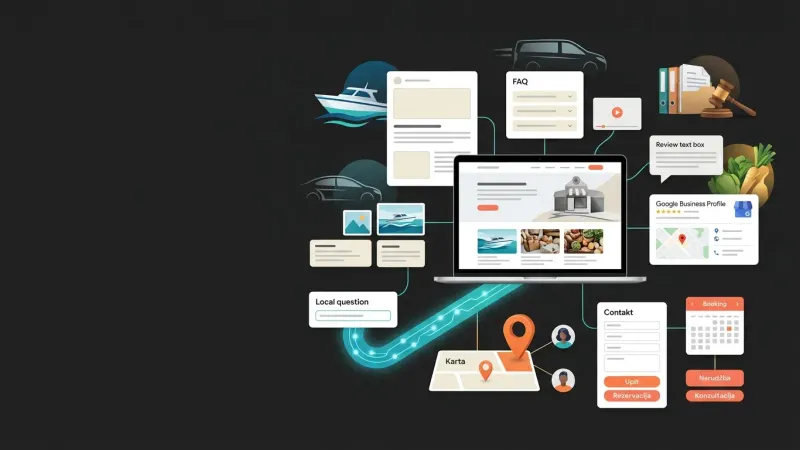 Ilustracija sadržajnog marketinga za lokalni biznis, web stranica i Google pretraga koje korisnicima prikazuju informacije o poslovanju