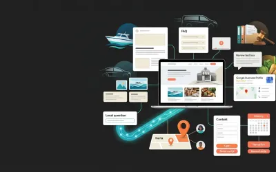 Ilustracija sadržajnog marketinga za lokalni biznis, web stranica i Google pretraga koje korisnicima prikazuju informacije o poslovanju