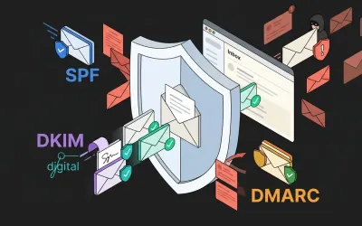Ilustracija poslovne email domene zaštićene mehanizmima SPF, DKIM i DMARC od pokušaja lažnog predstavljanja i phishing poruka