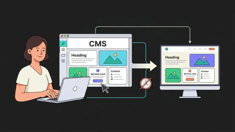 Ilustracija CMS sustava povezanog s javnom web stranicom koju vlasnik može ažurirati bez čekanja na programera