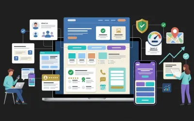 Ilustracija moderne poslovne web stranice s jasnim sadržajem, korisničkim iskustvom, kontaktom i tehničkim elementima