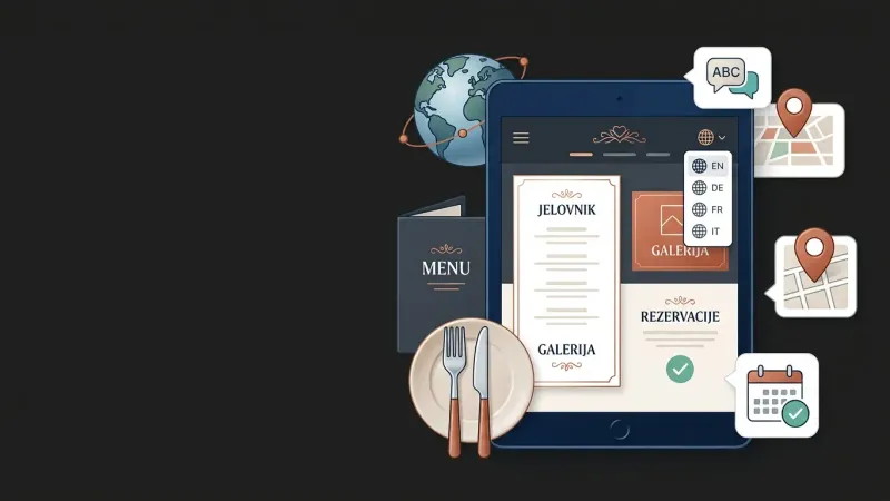 Jelovnik na pultu restorana s preklopljenim jezičnim verzijama i ikonom globusa, simbolizirajući višejezičnu web stranicu restorana.
