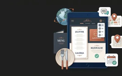 Jelovnik na pultu restorana s preklopljenim jezičnim verzijama i ikonom globusa, simbolizirajući višejezičnu web stranicu restorana.
