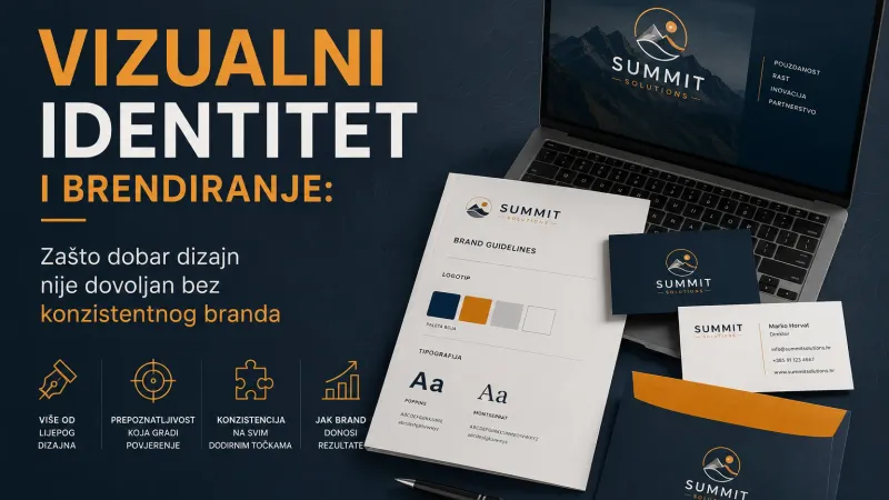 Moodboard vizualnog identiteta s logotipom, paletom boja i tipografijom na tamnoj pozadini sa zlatnim akcentima