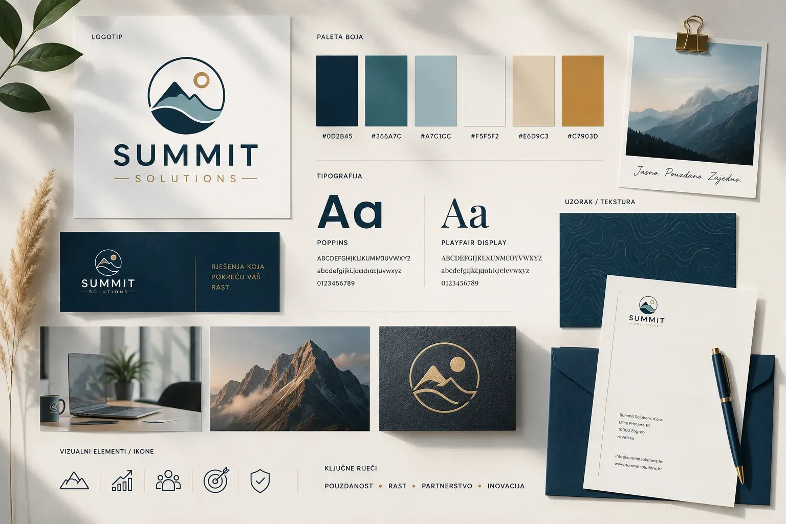Moodboard s logotipom, paletom boja i tipografijom koji prikazuje elemente vizualnog identiteta jedne tvrtke