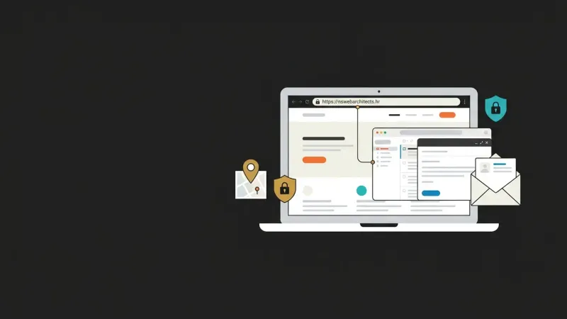 Stol s laptopom koji prikazuje poslovnu web stranicu i email adresu na vlastitoj domeni, uz ikonu zaključanog sigurnosnog zapisa.