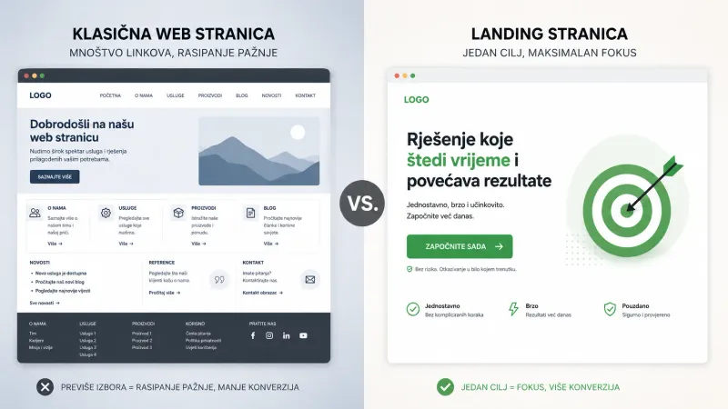 Usporedba klasične višestranične web stranice i fokusirane landing stranice na zaslonu računala i mobilnog uređaja