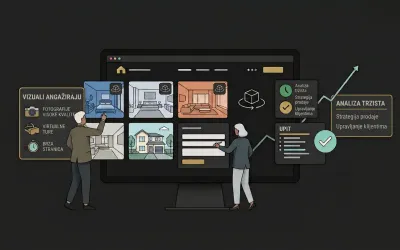 Ilustracija web stranice agencije za nekretnine koja pretvara fotografije i 3D ture u upite kroz jednostavne forme i brz odgovor