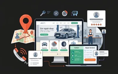 Ilustracija web stranice autoservisa s lokalnom kartom, servisnim uslugama, dijagnostikom i zahtjevom za termin