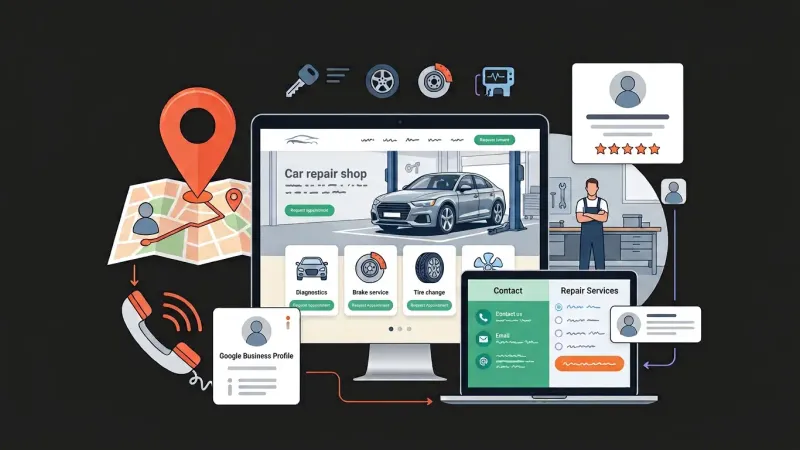 Ilustracija web stranice autoservisa s lokalnom kartom, servisnim uslugama, dijagnostikom i zahtjevom za termin