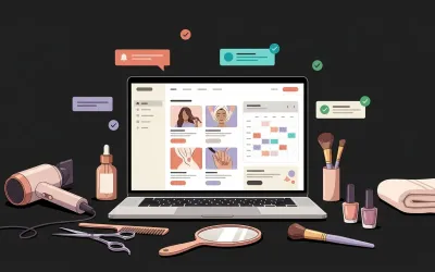 Ilustracija moderne web stranice frizerskog i kozmetičkog salona koja klijentima omogućuje odabir usluge i rezervaciju termina putem digitalnog kalendara.